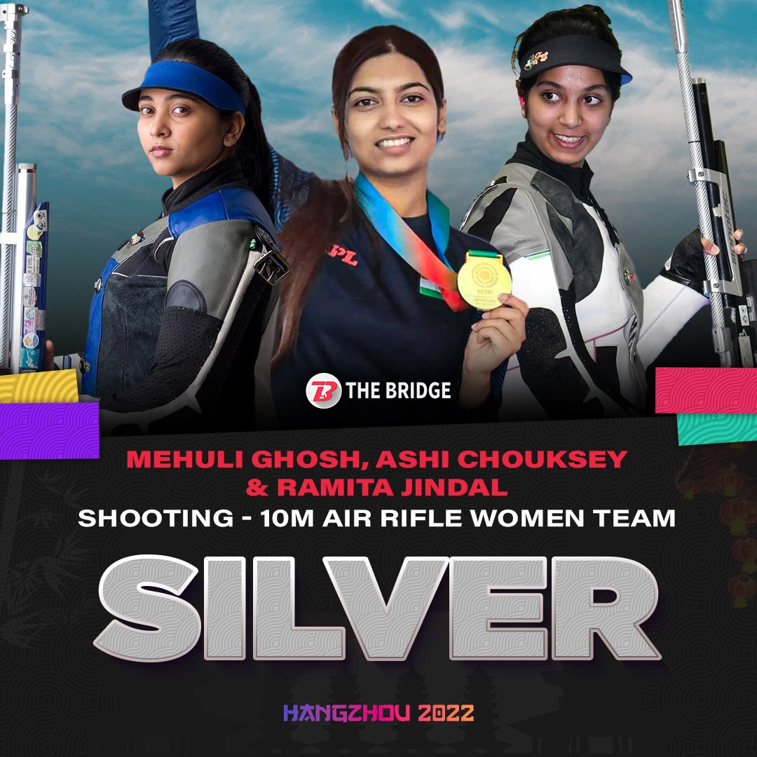 First medal for 🇮🇳India!

The 10m Air Rifle women's team of Mehuli Ghosh, Ramita and Ashi Chouksey wins SILVER🥈 with a combined score of 1886.0

Ramita at 2nd rank with score 631.9 and Mehuli Ghosh at 5th rank with score 630.8 also qualify for Individual Final! 

#AsianGames