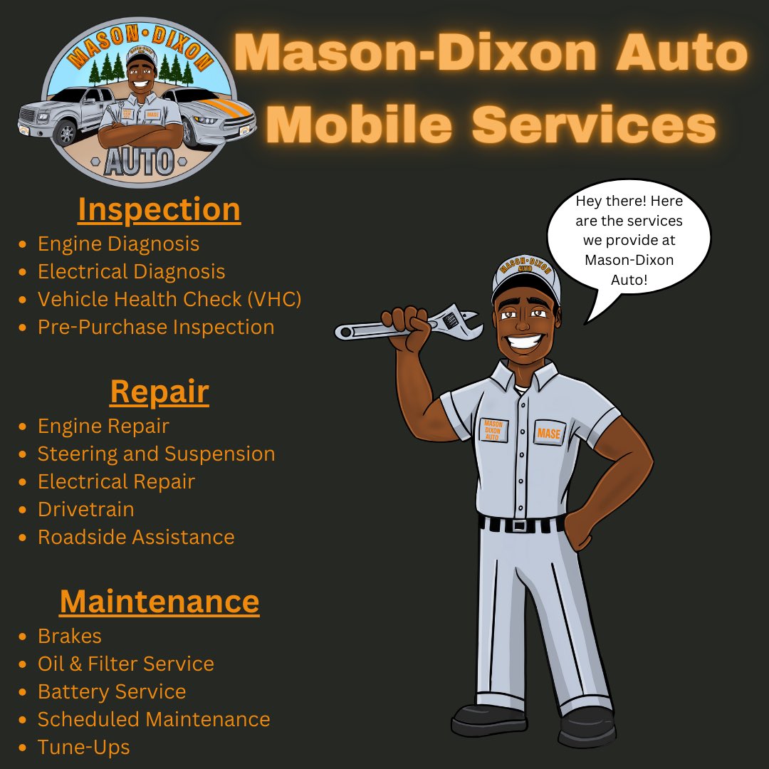 Welcome to the official account of Mason-Dixon Auto! Here are the services we will be providing to the Dallas and North Dallas area. #mobilemechanic #auto #repair #dallas #northdallas