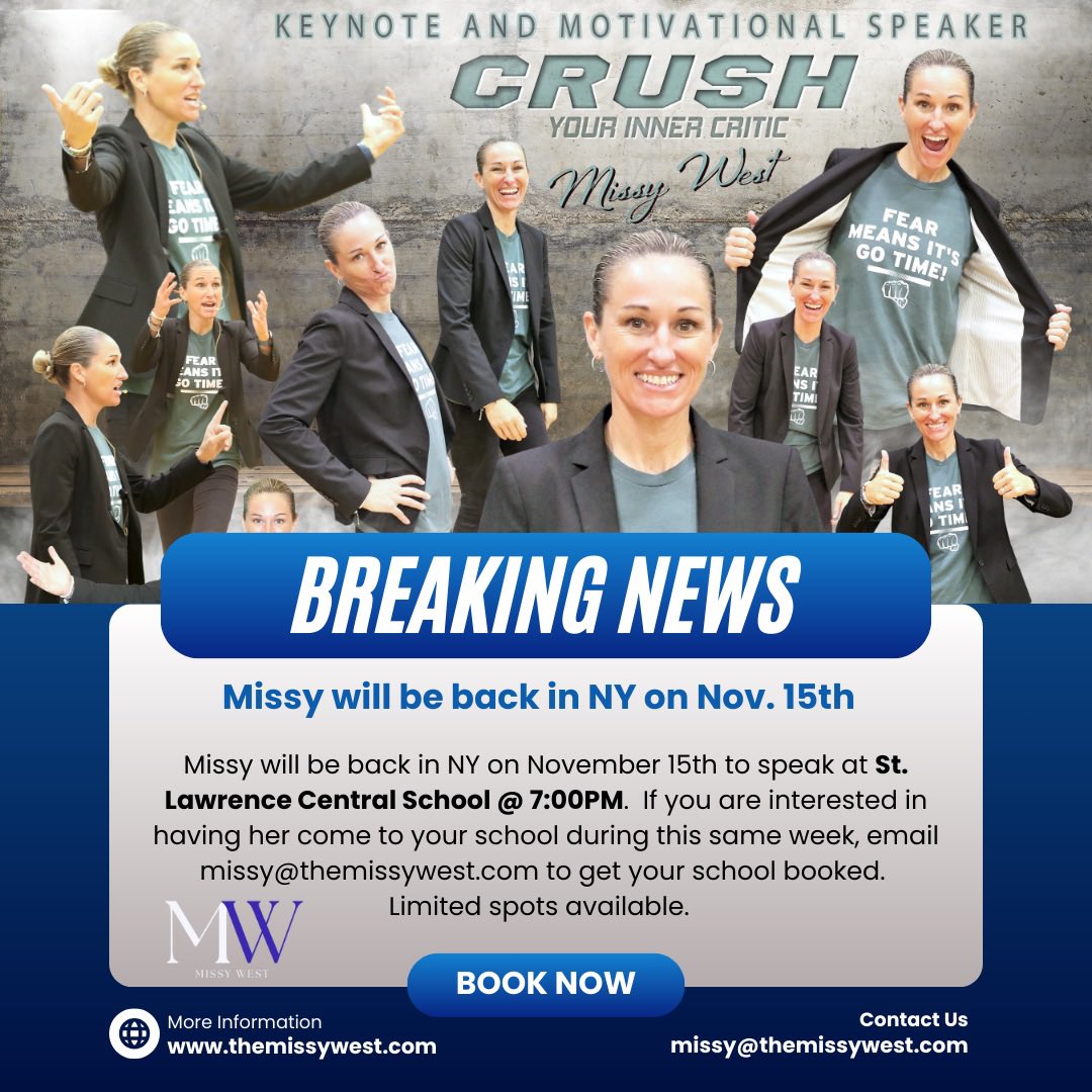 Missy West (@missywest25) on Twitter photo November 15th, I will be returning to Upstate New York for a keynote at St. Lawrence Central School at 7:00PM!
If you are interested in having me speak at your school during this same week, please email me at Missy@themissywest.com.
Please share and spread the word. November 15th, I will be returning to Upstate New York for a keynote at St. Lawrence Central School at 7:00PM!
If you are interested in having me speak at your school during this same week, please email me at Missy@themissywest.com.
Please share and spread the word.