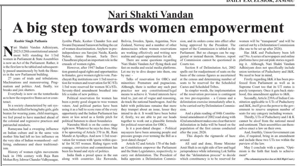 pathania_rs's tweet photo. #My_Take #Daily_Excelsior(24/09/2023) #Page_8
Nari Shakti Vandan A big step towards women empowerment 

 https://t.co/RxJj9m8aae https://t.co/koWstUTCSp