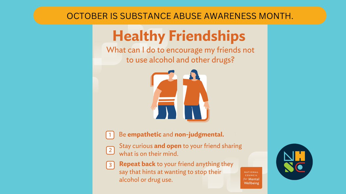 NHSCares's tweet image. October is #substanceabuseawareness 
month. Worried about a friend? Don't be afraid to start 
the conversation. You can make a difference! 🥰 @NationalCouncil