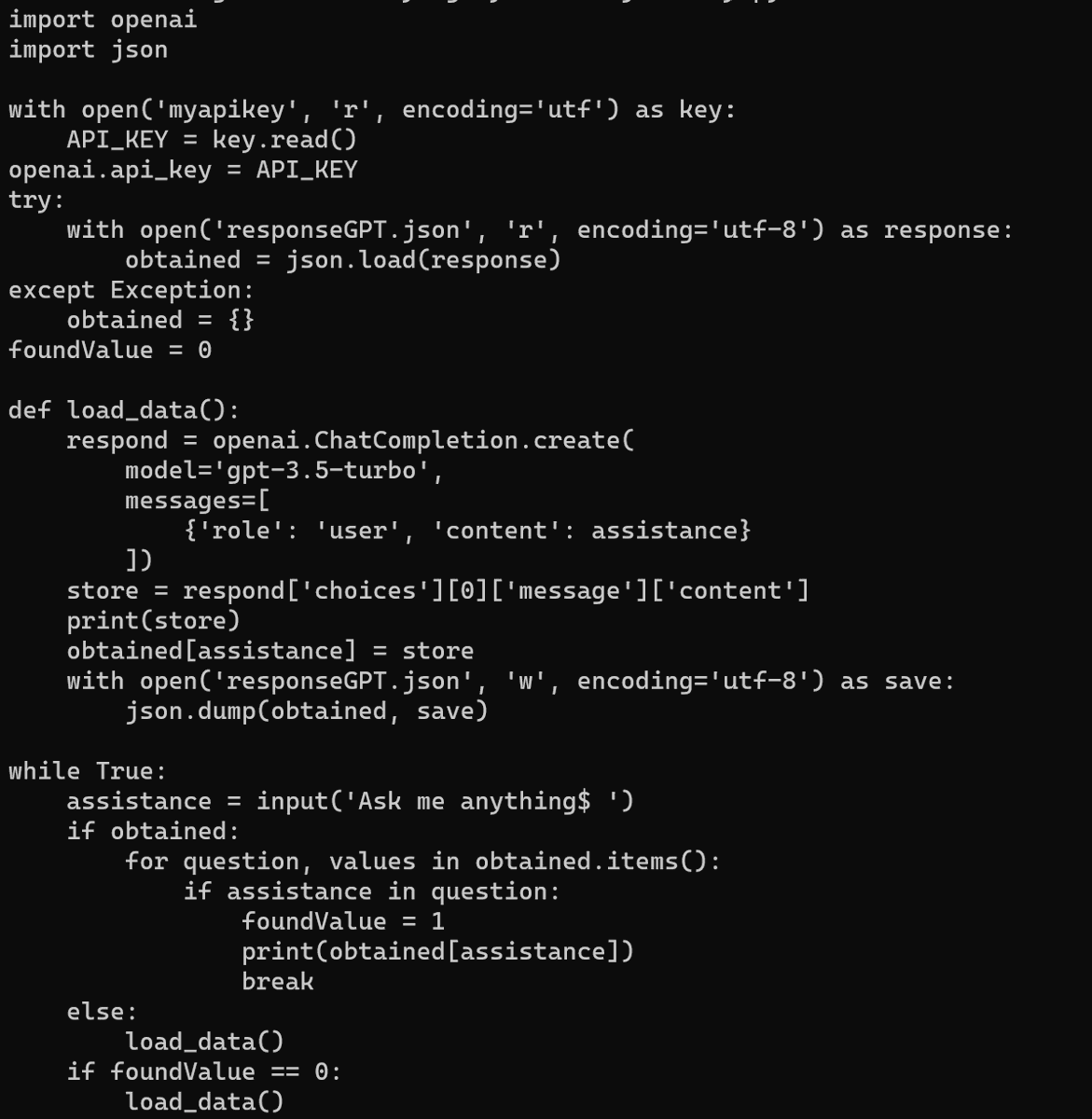 inyang_iberedem's tweet photo. i was working around embedding my simple code with AI to generate solutions to any text based questions using ChatBot API
my code...
The program runs an infinite loop with the prompt
Ask me anything$ https://t.co/vjxutuAlKA