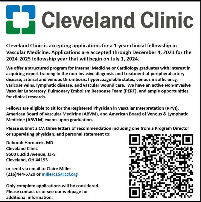 Vascular Medicine Fellowship accepting applications #ABVM #ABVLM #RPVI <a href="/SVM_tweets/">Society for Vascular Medicine | SVM</a> <a href="/CleClinicHVTI/">Cleveland Clinic Heart, Vascular & Thoracic</a>