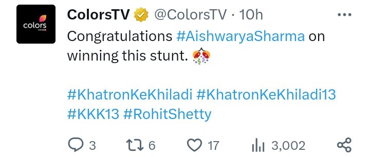 ColorsTV congratulate 
Aishwarya who aborted almost 3 stunts & won only few stunts till now is on Top 3 BUT Strong Contestants like Rashmeet , Soundous , Shiv , Sheezan are not in Top3 🫠😭.

#KhatronKeKhiladi13 #KKK13 #SoundousMoufakir #ShivThakare  #RashmeetKaur #SheezanKhan