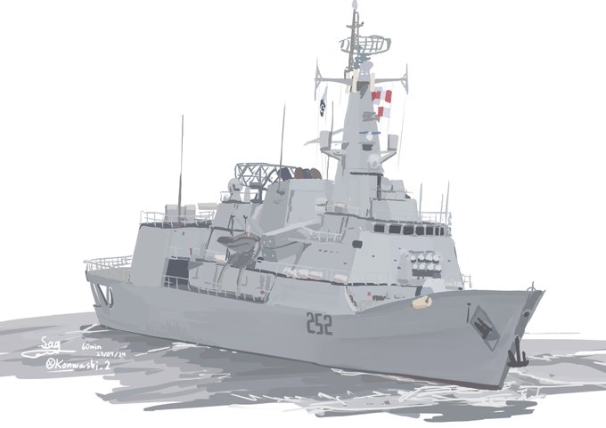 練習ワンドロ。国際観艦式の時に撮ってきたパキスタン艦。(名前ワカラナイ)筆が究極に遅いから、雑に色置いて行って遠目にはそれっぽく見えるような時短描き方を練習中・・ 
