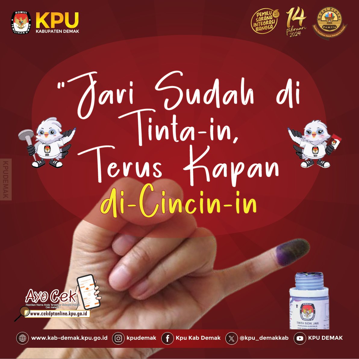 Hai #TemanPemilih, tak terasa Pemilu 2024 tinggal menunggu 142 hari lagi.. 

Hayoo bagi #TemanPemilih yang masih belum punya pasangan simak yukk infografis berikut ini..

#kpudemak 
#kpumelayani  
#pemilusaranaintegrasibangsa  
#pemiluserentak2024