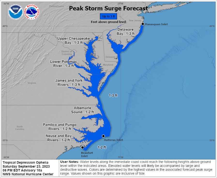 LimWeather's tweet photo. #StormSurgeWarning/#StormSurgeWatch discontinued by 8pm EDT, but still can expect up to 3' of surge in parts of #NorthCarolina, #Virginia, #Maryland, #WashingtonDC, #Delaware and #NewJersey
#Tropicswx #wxtwitter #HurricaneSeason2023 #HurricaneSeason #Ophelia #TropicalStorm https://t.co/q4QOI1Eyt6