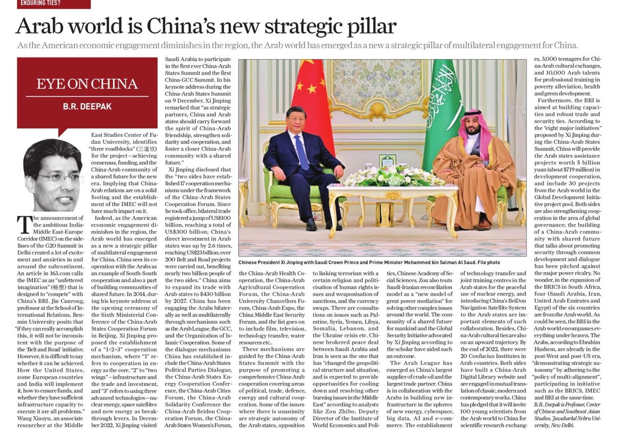 BDeepak110's tweet photo. In the wake of much talked about IMEC, I look into China's engagement in the Middle East in today's Sunday Guardian. BRI certainly is the pillar of 'China-Arab community of shared future'! 
https://t.co/2q21Pc62XQ https://t.co/o8w8hPjWJb