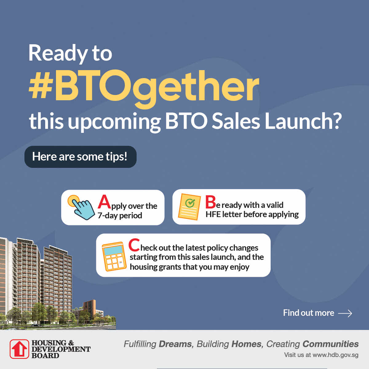 SingaporeHDB's tweet photo. Ready to #BTOgether at the upcoming sales launch? It’s as easy as 🔤!
To plan your budget, use our online calculators at https://t.co/qvTZ5yKefO. Simply input the info from your approved HFE letter, and you will be able to work out your flat budget. https://t.co/nPbEMya3vR