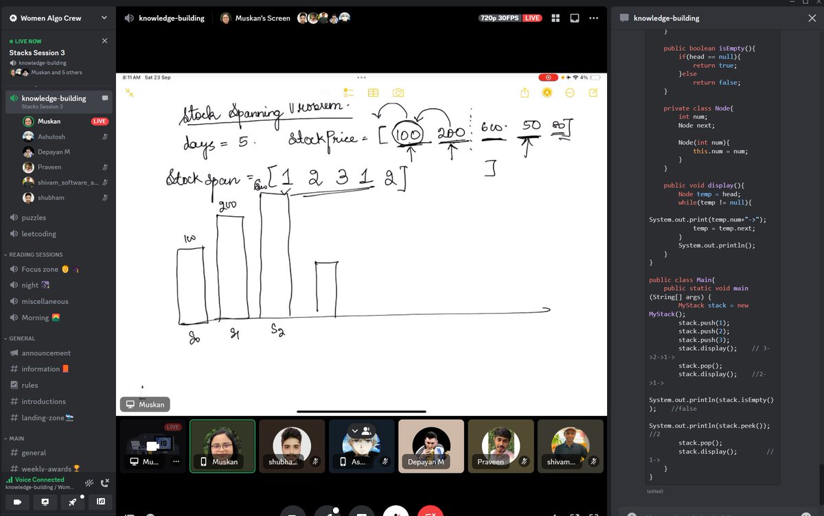 WomenAlgoCrew's tweet photo. What can be a better start of the day!!!

7:30AM weekend DSA sessions..

Solved questions on stack data structure.
-Stock spanning problem
-Implement stack using LL
-Previous greater element
-implement 2 stacks using an array https://t.co/HcRsbgG16K