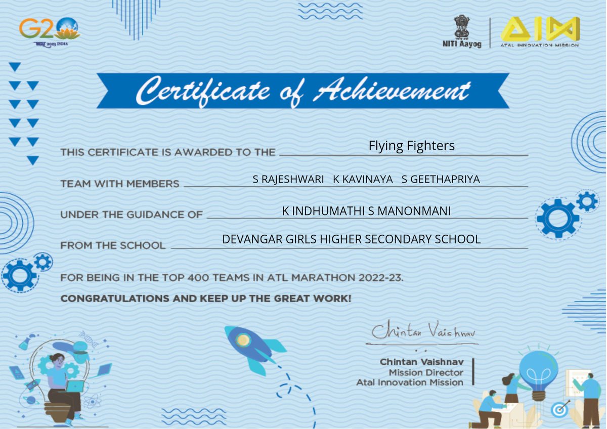 Indhu_Kalimuthu's tweet photo. I feel glad to inform that Devangar Girls Hr sec school student's team has qualified as one of the top 400 teams in #ATLMARATHON2022_2023 a National level innovative idea competition conducted by @AIMtoInnovate and @NITIAayog . Heartiest congratulations to the winners 🏆 https://t.co/zTnFvPABEp