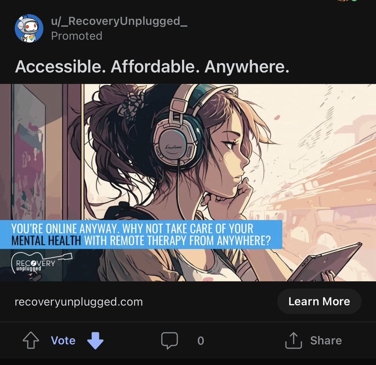 This is the most unself-aware ad. The economy is in the shits and Art jobs in the dumps. Yet this company is using AI Art to do ad to do mental health help. This ad is depressing, made by a nonhuman and thought by a nonhuman. @RecoveryUnplugd #aiartisjunk #aiistheft