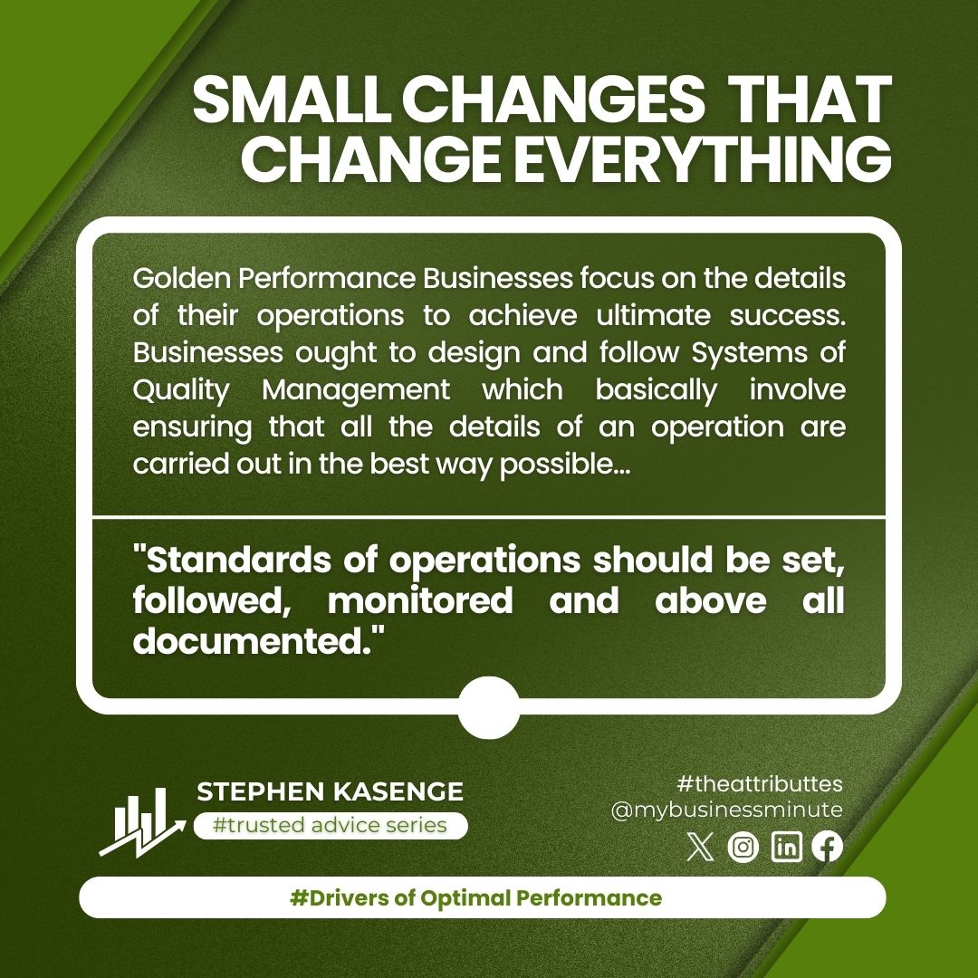 skasenge1's tweet photo. #SmallChangesThatChangeEverything
Golden performance Businesses focus on the details of their operations to achieve ultimate success. Businesses ought to design and follow Systems of Quality Management which basically involve ensuring that all the details of an operation are done https://t.co/Bxrt7NVHZG