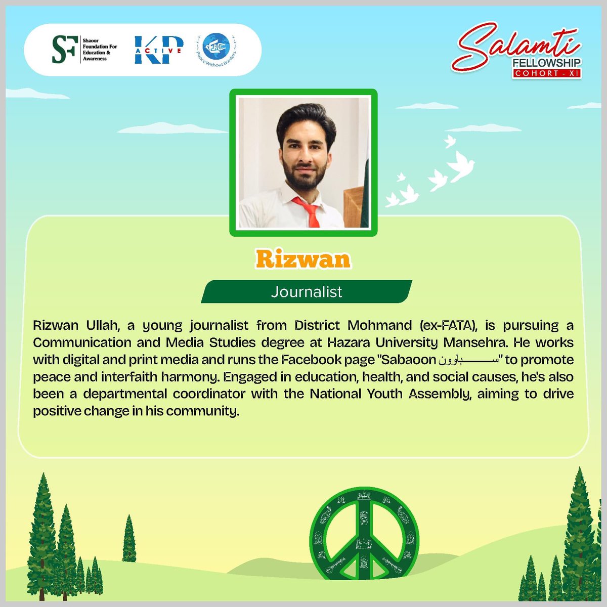 Rizwanmohmand77's tweet image. I am going to represent my District ( Mohmand) in 7 Days Salamati Fellowship Program.
Salamati Fellowship Program aims to promote Peace, Culture and Interfaith_ harmony of different ethnic groups
Thank you #PeaceWithoutBorders- Pakistan &amp;amp; #ShaoorFoundation
#Regards_Rizwan_Mohmand