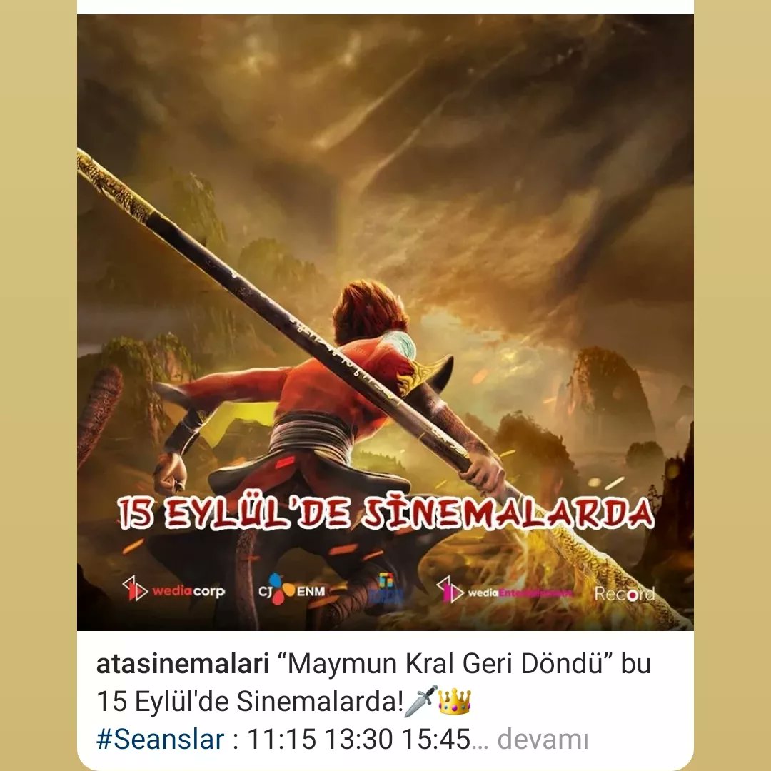 AtaSinemalari's tweet photo. “Maymun Kral Geri Döndü” bu 15 Eylül'de Sinemalarda!🗡👑
#Seanslar : 11:15 13:30 15:45

#atasinemalari #TheMonkeyKingReborn #MaymunKralGeriDöndü #wediaentertainment @cjenmturkiye #animasyon #sinema #çochuk #boxoffice #çocuk #çizgifilm #animasyon #fragman #boxofficetürkiye https://t.co/cQeFvWixW1