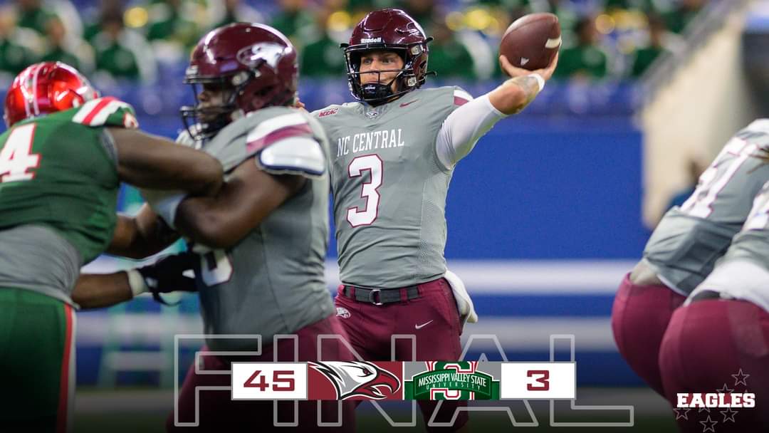EAGLES WIN!!! No. 18 NCCU Football cruises to a 45-3 victory over Mississippi Valley State in the Circle City Classic in Indianapolis. NCCU quarterback Walker Harris throws for 263 yards and FIVE touchdowns! (photo by Doug Burt)