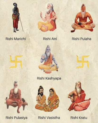 VedveerArya3's tweet photo. THE EVOLUTION OF RISHI GOTRAS

According to the legends of early Vedic era, Prajapatis were the earliest known ancestors of entire Indian civilization. Seven Prajapatis emerged as the greatest Rishis of the early Vedic era known as “Saptarshis” who laid strong foundations for the evolution of Vedic sciences. The seven Rishis of the early Vedic era were Bhrigu, Angiras, Marichi, Atri, Pulaha, Pulastya and Vasishtha. They were the founders of seven earliest Rishi gotras.

The descendants of Pulaha and Pulastya could not follow the values of Vedic Rishis and came to be known as Paishachas and Rakshasas. Thus, the names of Pulaha and Pulastya had been excluded from the list of Saptarshis. Gradually, Jamadagni replaced his ancestor Bhrigu because Shukracharya, the son of Bhrigu became the teacher of Asuras. Gautama and Bharadwaja, the descendants of Angiras were included in the list of Saptarshis considering the greatest contribution of the descendants of Angiras. There are more than 3600 mantras written by Angiras and his descendants in Rigveda. Kashyapa, the son of Marichi, replaced his father. Vishvamitra, the son of Kaushika and the grandson of Kusha was the later entrant into the list of Saptarshis. Thus, Asvalayana Grihyasutra, Baudhayana Shrutasutra, Satapatha Brahmana etc. give the list of Saptarshis as Gautama, Bharadwaja, Vishwamitra, Jamadagni, Kashyapa, Vasishtha and Atri. Since the gotra of Agastya was not known as being an abandoned child, therefore, the great Vedic sage Agastya’s progeny has been accepted as the eighth Rishi gotra. Some sources include Agastya in the list of Saptarshis because Gautama and Bharadwaja belonged to the same gotra of Angiras.

Ashvalayana Grihyasutra mentions that all 49 gotras have been descended from these eight Rishi gotras. According to Ashvalayana, seven gotras from Jamadagni, ten from Gautama, nine from Bharadwaja, two from Atri, twelve from Vishvamitra, four from Kashyapa, four from Vasishtha and only one from Agastya have been evolved. Ashvalayana, the pupil of Shaunaka lived before the Ramayana era. Panini refers to the existence of numerous gotrāvayavas or sub-branches of Rishi gotras in his time.