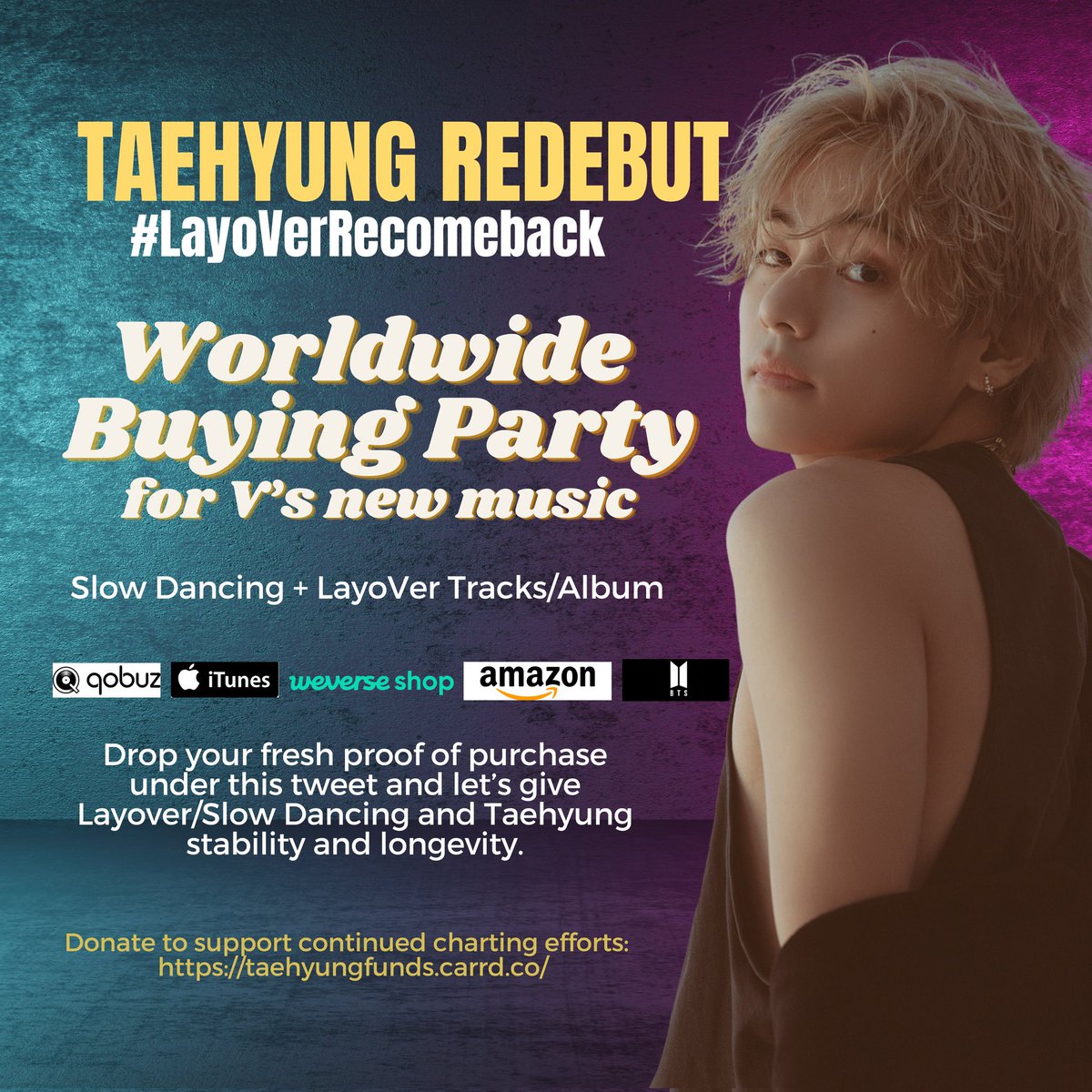 TAEHYUNG REDEBUT D3 ✧ Our #LayoVerRecomeback week is in full swing~ Join the buying party with new purchases of #SlowDancing & #Layover, both digitals & physicals, to promote #V across global charts & locally! Tutorials: vuguides.carrd.co Support: taehyungfunds.carrd.co