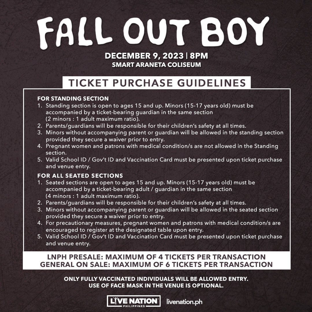 Tickets are out! 🎫 Make sure to read the guideline below for ease of ticket purchase. Get your tickets at any TicketNet outlet or online at ticketnet.com.ph #FallOutBoy #FallOutBoyinManila #FOBatTheBigDome