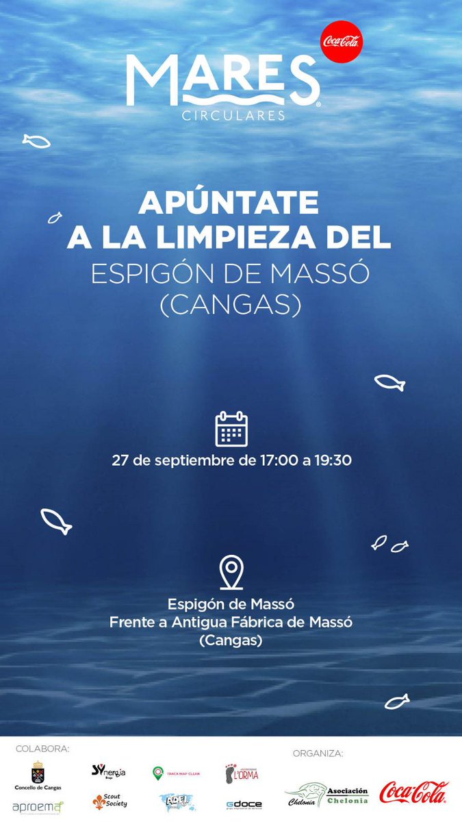 Únete a la acción por un planeta más limpio con #MaresCirculares y Aproema #TrackMapClean. 27 de septiembre a las 17:00 h. en el Espigón de Massó, Cangas. Inscripciones: aproema.com/.../mares-circ… @adelslovakia @gdoce @CocaColaEP_ES @Chelonia_ong #ScoutSociety #SYnergiaPortugal