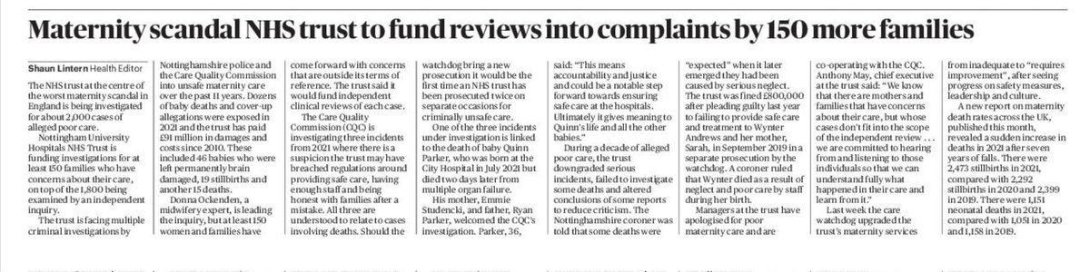 Shaun Lintern (@shaunlintern) on Twitter photo 🚨 In today's Sunday Times: Nottingham maternity scandal now almost certain to include more than 2,000 families as <a href="/nottmhospitals/">Nottingham University Hospitals</a> agrees to investigate another 150 -200 cases on top of <a href="/DOckendenLtd/">Donna Ockenden FRSA, Hon DLitt Hon DSci</a> inquiry. CQC also launches new criminal inquiry: #maternitysafety 🚨 In today's Sunday Times: Nottingham maternity scandal now almost certain to include more than 2,000 families as <a href="/nottmhospitals/">Nottingham University Hospitals</a> agrees to investigate another 150 -200 cases on top of <a href="/DOckendenLtd/">Donna Ockenden FRSA, Hon DLitt Hon DSci</a> inquiry. CQC also launches new criminal inquiry: #maternitysafety
