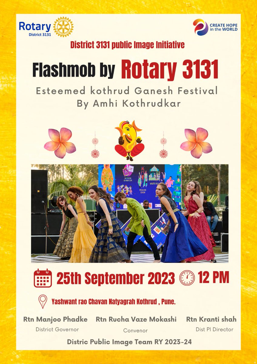 Flashmob organised by rotary 3131 PI team at Kothrud Ganesh Festival!! 

#dgpankaj #manjoophadke #anilpamar #Rotary22 #rotarylovers #ImagineRotary #rotaryindia #rid3131 #shekharmehta #District3131 #jenniferjones