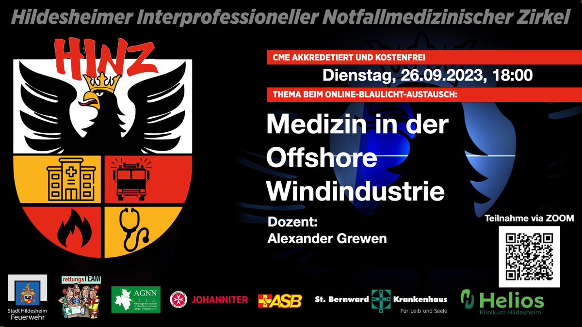 Achtung geänderter Zoom-Link

Im September HINZ redet Alexander Grewen über die medizinischen Herausforderungen in der Offshore Windindustrie.

CME akkreditiert und kostenfrei

us06web.zoom.us/j/83848857518?…

Unterstützt durch @agnn_ev