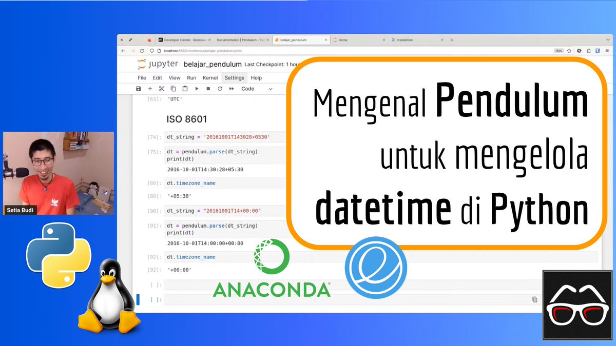 boedybios's tweet photo. Pendulum merupakan salah satu Python module yang sangat memudahkan kita sewaktu bekerja dengan tipe data datetime. Berikut adalah rekaman sesi live stream yang membahas pengenalan Pendulum. Semoga bisa bermanfaat 🙂🙏 https://t.co/og5cOUZjDA https://t.co/L7Y5sNBKq3