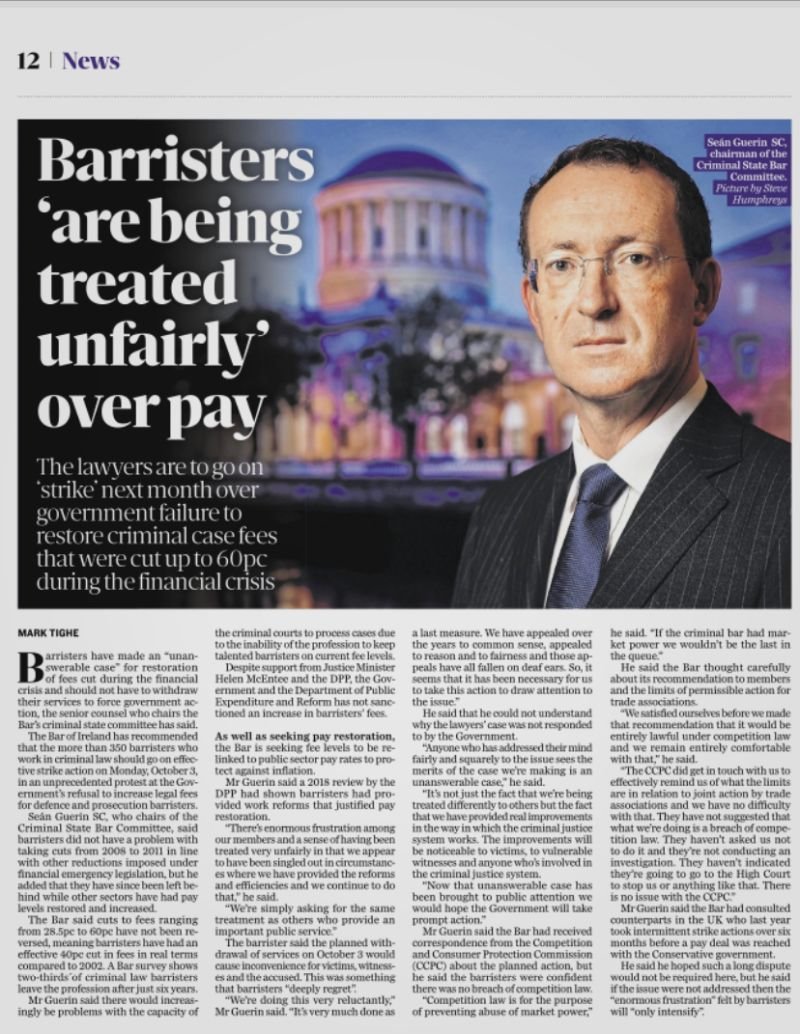 'It's not only that fact that we are being treated differently to others, but the fact that we have provided real improvements in the way in which the criminal justice system works' Seán Guerin SC speaks with @MarkLTighe @TheSundayIndo on the forthcoming Withdrawal of Services.