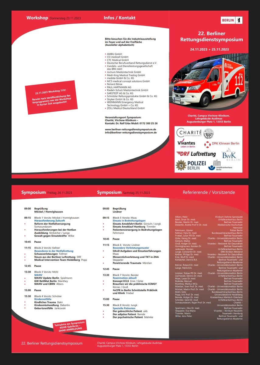 Der Termin für das 22. Berliner Rettungsdienstsymposium rückt näher und nun ist auch der Flyer für euch verfügbar.

Wie immer: Teilnahme kostenlos, ohne Anmeldung!
berliner-rettungsdienstsymposium.de
#Berliner_Rettungsdienstsymposium #Rettungsdienst #Notfallmedizin #Rettungsdienstfortbildung