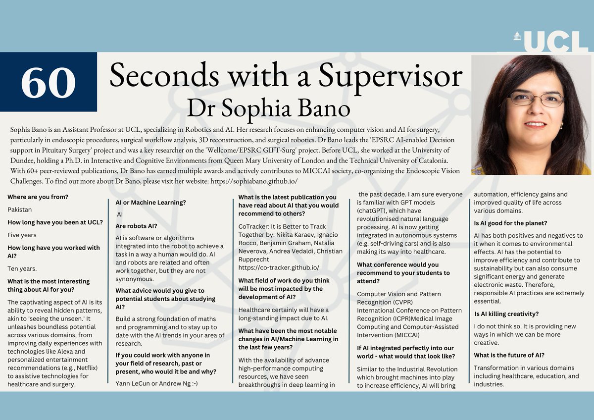 What better way to start our week than with another 60 Seconds with a Supervisor? Meet Dr Sophia Bano. Dr Bano will be supervising a new student in our final cohort and bringing her expertise in academia and robotics to our CDT. 

#ai #phdlife #studentlife #LoveUCL