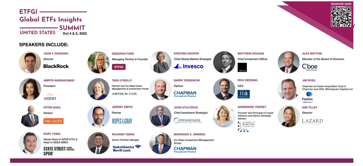 #RegisterNow bit.ly/43KiLMH to join us on 🗓Oct 4 at our 4th annual <a href="/etfgi/">ETFGI</a> Global #ETFs #Insights Summit 
📍 In New York City at The Yale Club from 8:15am – 6pm with  a networking drinks reception – all sessions will be recorded
🗓 Oct 5 📍 Virtual 

Speakers include: