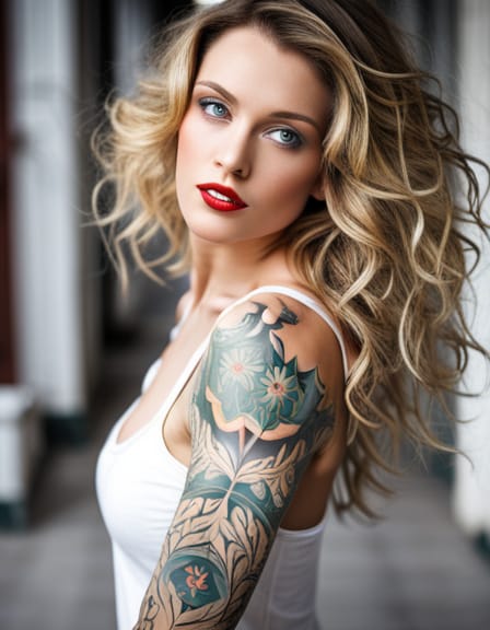 Blonde with Sleeve Tattoo and Enchanting Deep Red Lips #art #generativeart #artificialintelligence #machinelearning #aiartcommunity #ai #aiart #AIArtwork #portrait #blonde #tattoo #sleevetattoo #redlipstick #beauty #woman