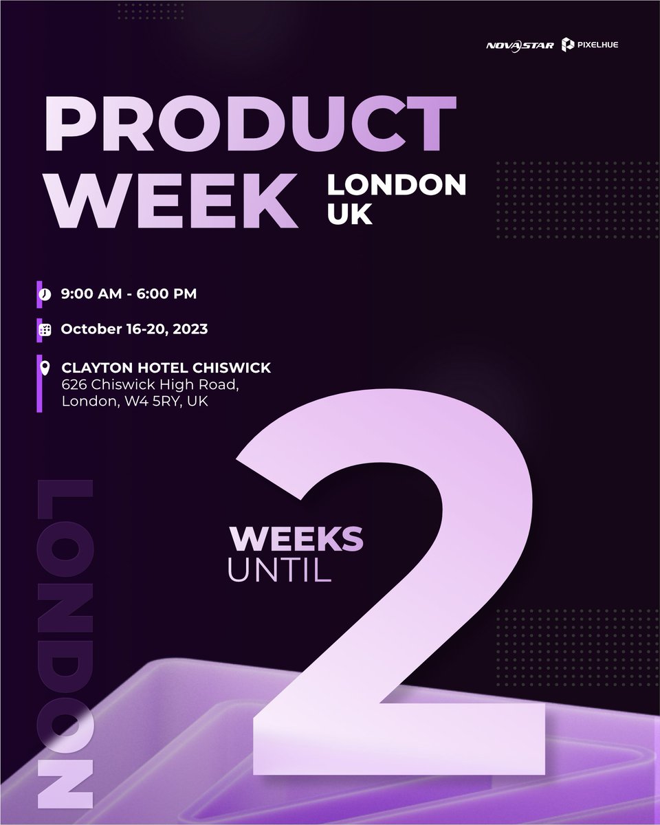 novastartech's tweet photo. NovaStar & PIXELHUE Product Week in #london ๐
Register: https://t.co/woeCKZQoxd
Date: Oct 16-20, 2023 (In two weeks!! )
See you soon in London! ๐ฅณ
#novastartech #uk #productweek #tech #solutions #led #display #event #offline https://t.co/bfwwx3N46B