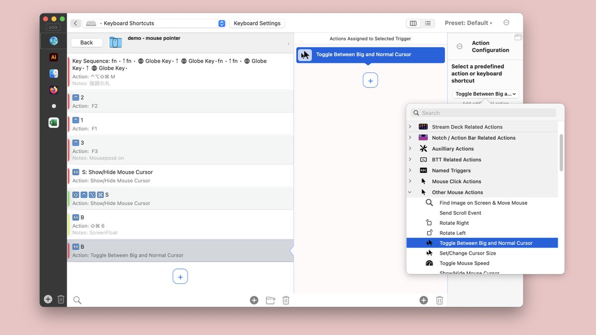 swwwitch's tweet image. #BetterTouchTool の［Toggle Between Big and Normal Cursor］アクションを使うと、マウスポインターの大きさを2倍←→1倍でトグルできます。

#プレゼン知恵袋