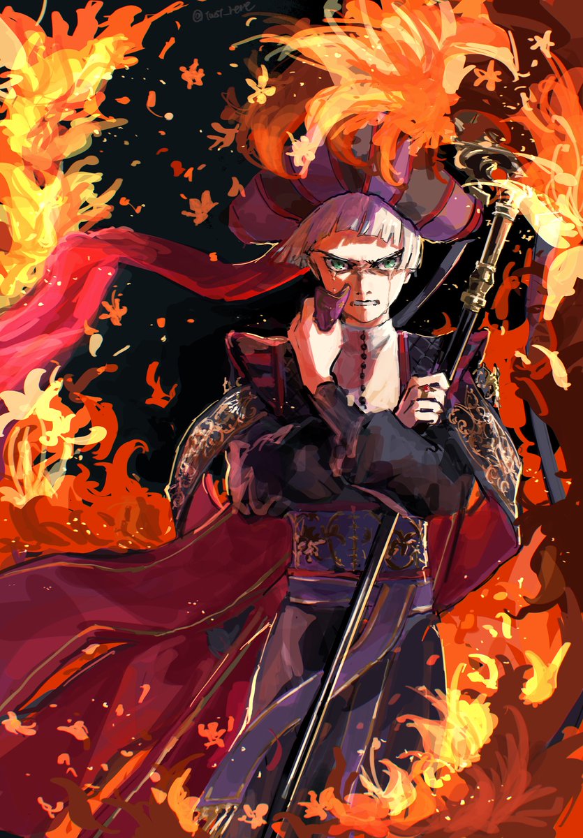 1boy solo male focus fire holding hat long sleeves  illustration images