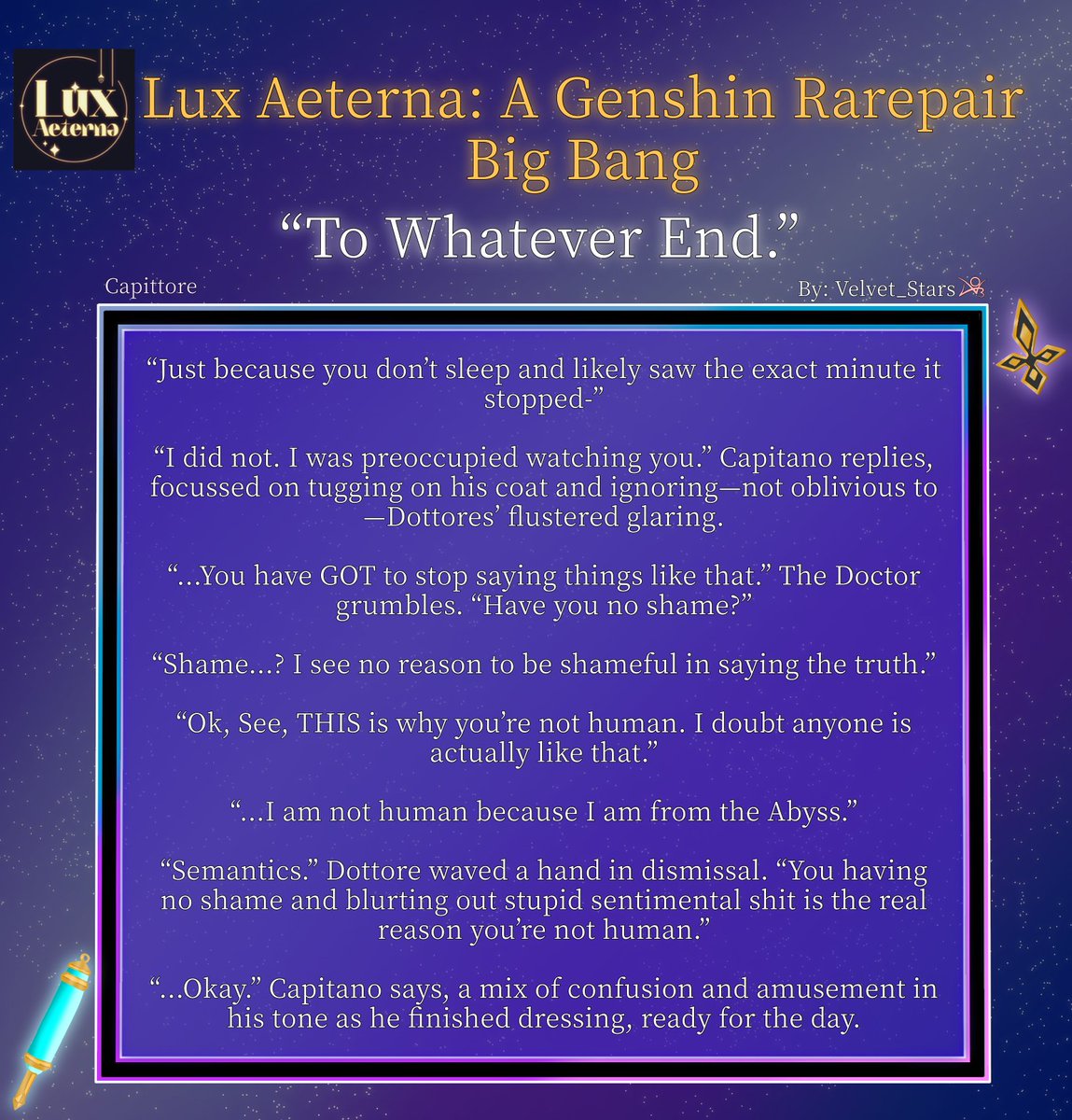 Here is my part for the <a href="/genshinbigbang/">Genshin Rarepair: Big Bang</a>  I chose to do a fic for #capittore ! ^^ how you’ll like it :3 #grpbb2023 #grpbb23 

archiveofourown.org/works/50289637…