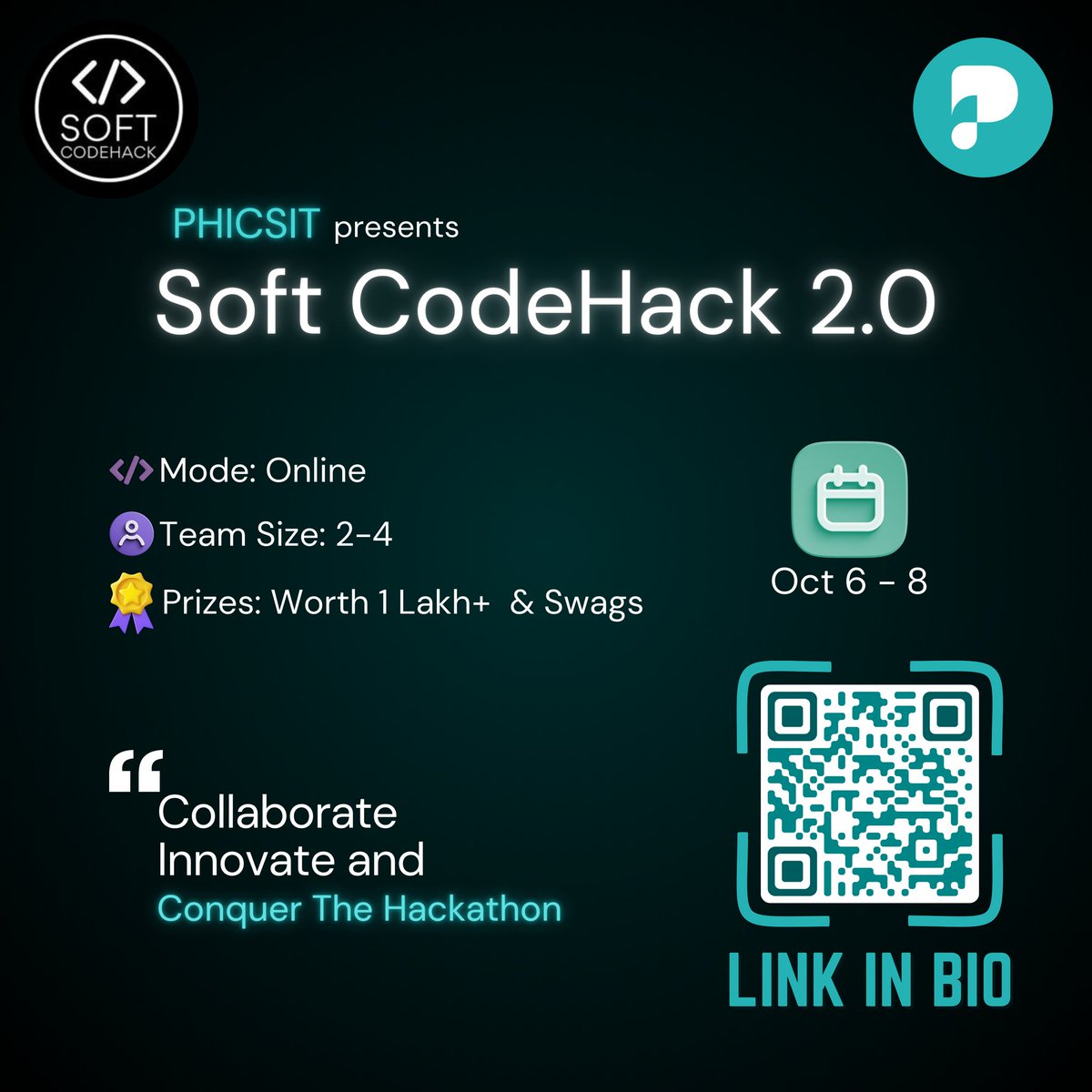 🔥 PHICSIT presents Soft CodeHack 2.0 Hackathon 🔥

✨ Mode: Online
✨ Dates: 6-8 October 2023
✨ Team Size: 2-4 members
✨ Prizes: Worth 1 Lakh+, boAt smart watches and t-shirts.

Registration Link:
softcodehack2.devfolio.co
Hackathon LinkedIn:
linkedin.com/company/soft-c…