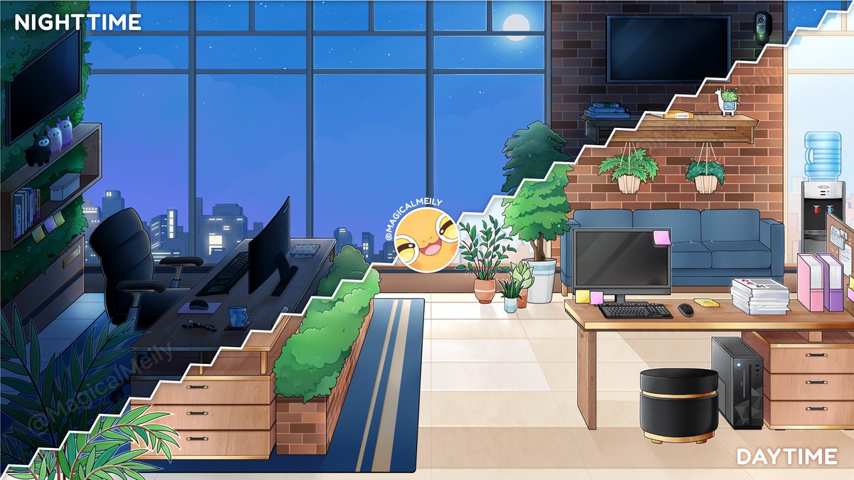 MagicalMeily's tweet photo. 🦙 Office themed vtuber package for @NiniNeen_
Last year I worked on Neen's backgrounds, overlays, schedule, panels, badges, and logo! ⋆ ALT text in images and credits in thread.
#NiniArt ⋆ #MeilyDesign https://t.co/vHnIeb0dJ1