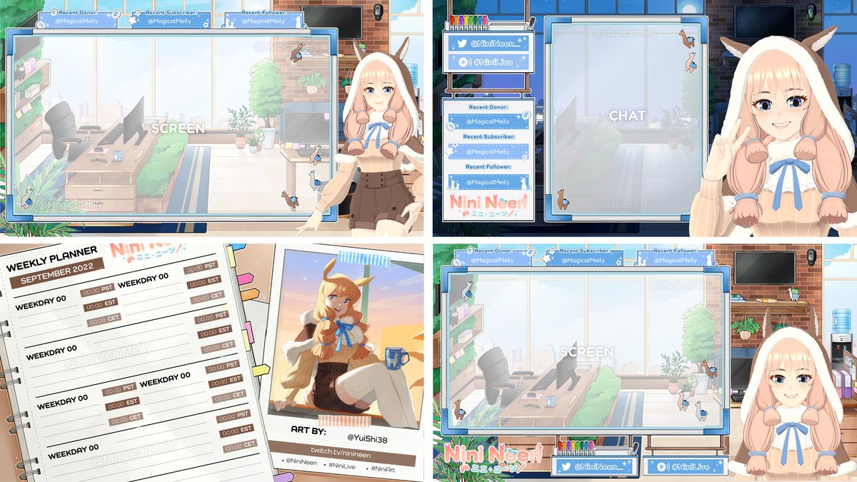 MagicalMeily's tweet photo. 🦙 Office themed vtuber package for @NiniNeen_
Last year I worked on Neen's backgrounds, overlays, schedule, panels, badges, and logo! ⋆ ALT text in images and credits in thread.
#NiniArt ⋆ #MeilyDesign https://t.co/vHnIeb0dJ1