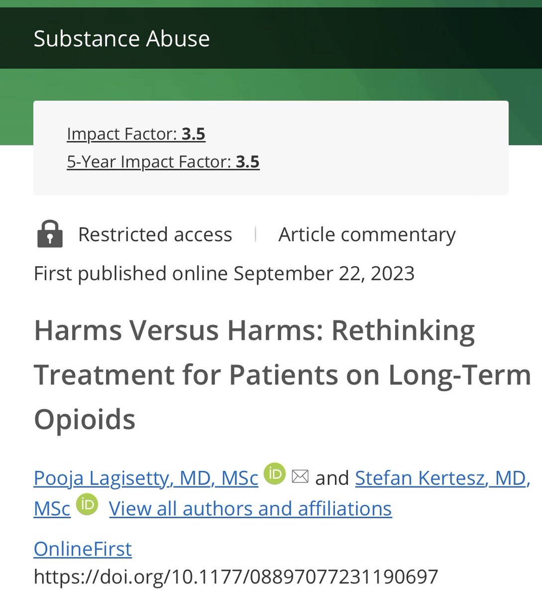 1/For patients on opioids, weighing “risks vs benefits” with shared decisionmaking – as CDC urged- may be out of reach for today’s doctors & patients. Writing in @SAj_AMERSA @PoojaLagisetty & I propose weighing Harms of continuing vs Harms of reducing A🧵 journals.sagepub.com/doi/10.1177/08…