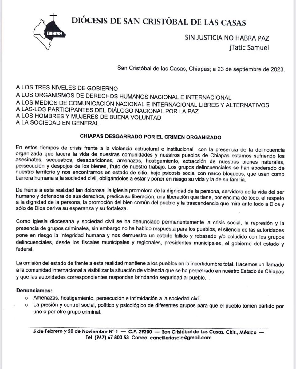 GabyCoutino's tweet photo. La @diosancristobal declara que #Chiapas está desgarrado por el crimen organizado. Lanza un llamado para visibilizar internacionalmente la violencia que sufren las comunidades. Piden se les brinde seguridad a las poblaciones https://t.co/eJqO9ueSco