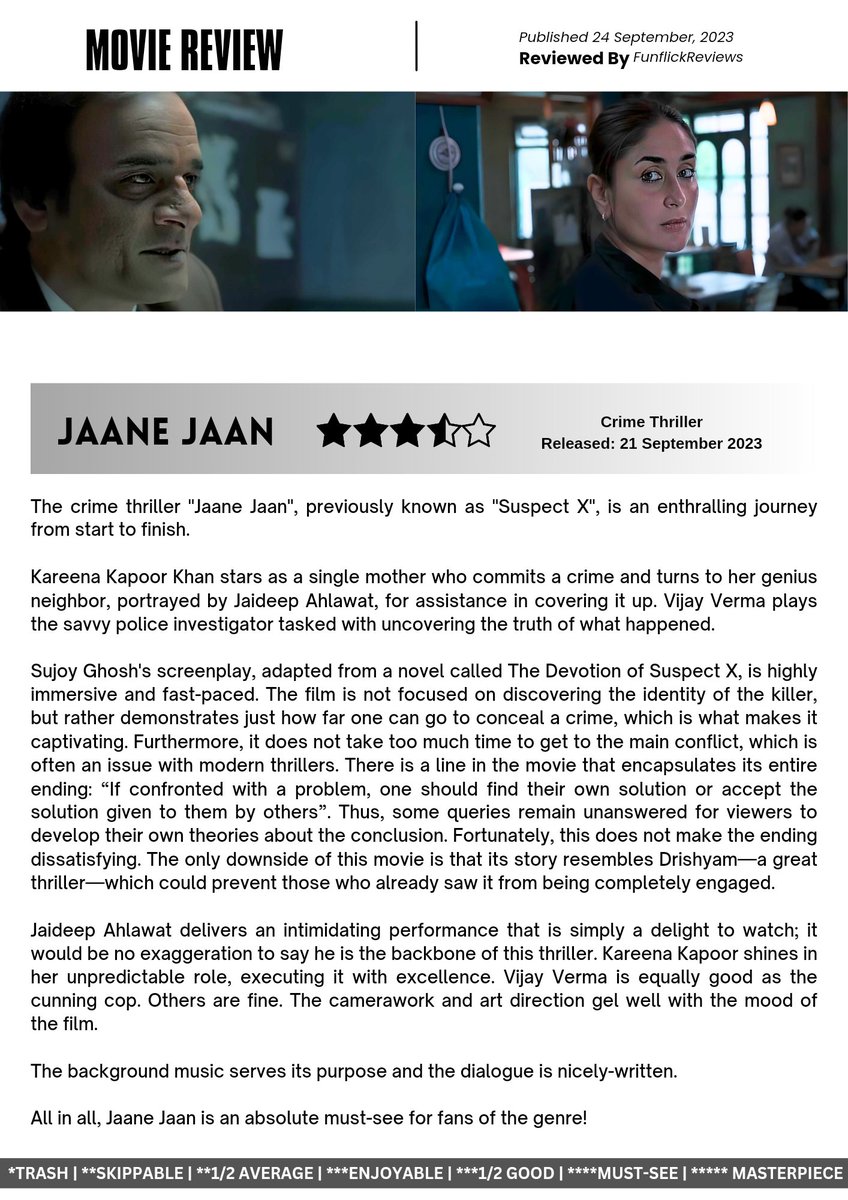 reviews_flick's tweet photo. Jaane Jaan aka Suspect X (2023) Review out now. @kareena_kpn
@JaideepAhlawat @MrVijayVarma
.
.
#MovieNight, #CinemaLover, #FilmFanatics, #MovieMagic, #MovieMania, #FilmFever, #MovieAddicts https://t.co/TsoWb6kAVO