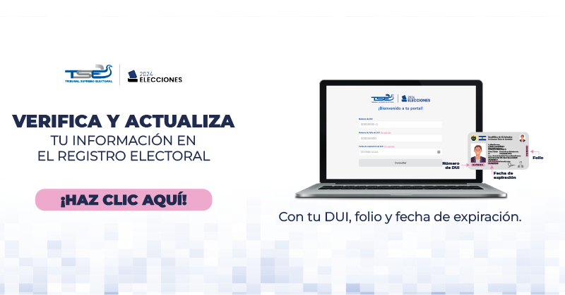 TSEElSalvador's tweet photo. ¡Verifica y actualiza tu información en el registro electoral!
Hazlo hoy visitando 👉 https://t.co/IH7IcpObH5 con tu DUI, folio y fecha de expiración.