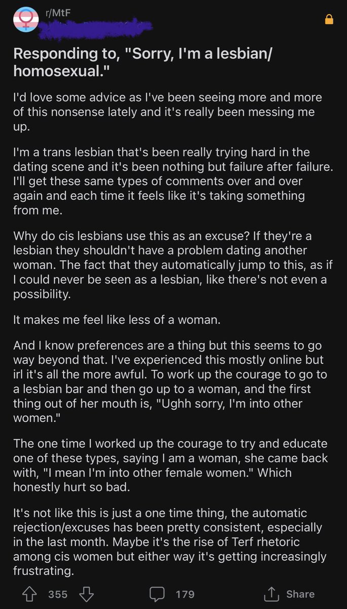 sappholives83's tweet photo. “The fact that lesbians won’t date me, a man, makes me feel like of a woman.”

That’s because you’re not a woman, sir. You’re a grown man, and you need to stop pestering women who aren’t interested in you. When someone says “no,” you don’t try to debate them into saying “yes.” That’s coercion, and it can lead to rape.

The sheer entitlement of men who pretend to be lesbians just blows my mind. You really expect lesbians to change our entire sexuality to accommodate you just because you put on women’s clothing and claim to be one of us? Are you smoking crack? Or are you just all hopped up on male entitlement? 

#translesbians
#TransWomenAreConMen 
#transpredators
