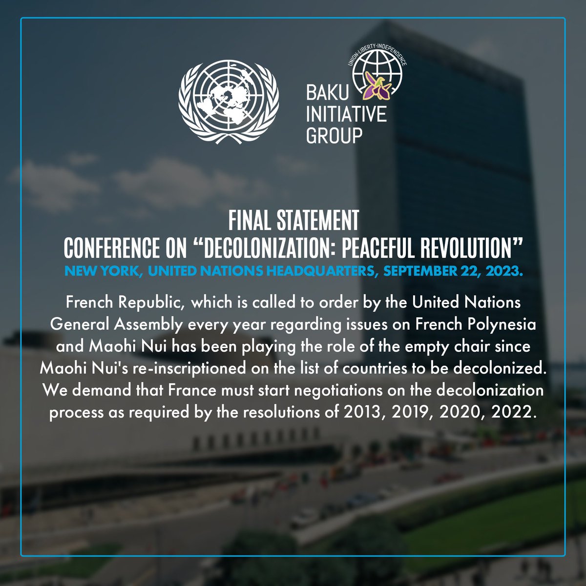 LeylaHamzayeva's tweet image. .#Baku Initiative Group raises issue of neocolonialism at @UN. 
#FinalStatement.

#colonialism #neocolonialism #France 🇫🇷 #Macron
@EmmanuelMacron