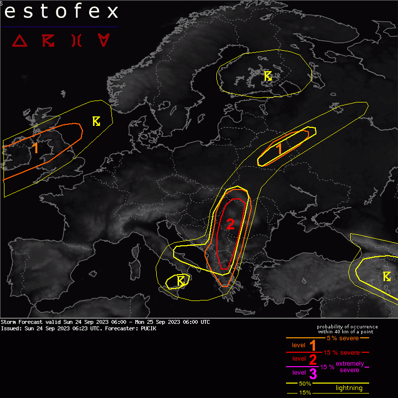 On Sunday, the highest risk of severe weather is forecast in a belt from N Greece to Romania with all hazards possible and main risks being very large hail and damaging wind gusts. Read more here: estofex.org/cgi-bin/polygo…