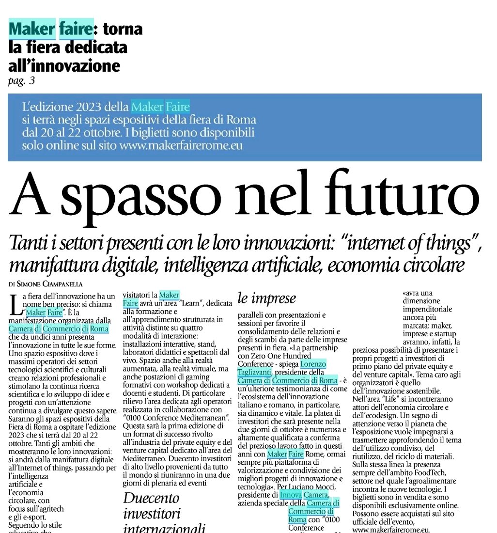 📌 Dal 20 al 22 ottobre torna, nella Capitale, la Maker Faire Rome, manifestazione sull'innovazione promossa e organizzata dalla Camera di Commercio di Roma.
Disponibili, on line, i biglietti per partecipare alla kermesse.
#mfr23
Il pezzo odierno di <a href="/LazioSette/">LazioSette</a> 
👇