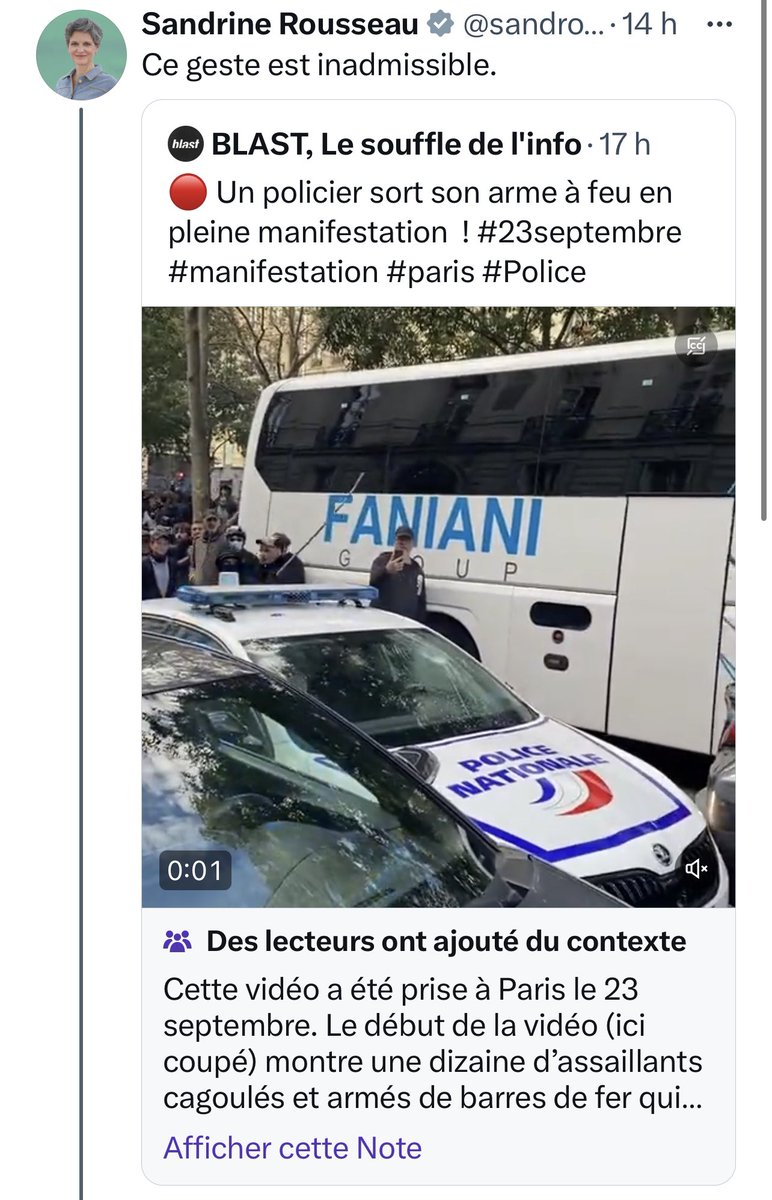 KasprzykRemi's tweet photo. Non Madame Rousseau, ce geste n’est pas inadmissible. C’est ici la réaction d’un homme acculé, encerclé, qui avait peur pour sa vie.

Mais vous savez ce qui est inadmissible?

Ce qui est inadmissible c’est qu’une députée Française utilise des images tronquées afin d’orienter l’avis de la population. Mettez le début de la vidéo et refaites votre tweet.

Ce qui est inadmissible c’est qu’une députée Française n’ait jamais un mot de compassion dès lors qu’un policier se fait tirer dessus, ou qu’il décède dans l’exercice de ses fonctions, mais qu’à l’inverse nous l’entendions en boucle sur tous les médias dès qu’une enquête vise un fonctionnaire de police.

Ce qui est inadmissible c’est de voir une députée arborant l’écharpe tricolore défiler aux côtés de manifestants qui scandent « Tout le monde déteste la #Police »

Ce qui est inadmissible c’est de justifier ce slogan « Tout le monde déteste la police » alors qu’il est anti-républicain 

Ce qui est inadmissible c’est de reconnaître que #Medine a fait un tweet antisémite, le reconnaissant ainsi de facto comme un antisémite, et de quand même l’inviter à vos journées d’été.

Ce qui est inadmissible c’est de tromper vos électeurs avec ce nom de parti #EELV Europe Écologie Les Verts et d’avoir un niveau en écologie si ridicule (Cf votre tweet sur les 60 degrés en Espagne) que votre parti aurait mieux faire de se faire rebaptiser « Europe Egologie Les Verts »

Car oui Madame Rousseau, probablement auriez vous fait une excellente candidate d’émission de télé-réalité, mais en aucun cas une excellente députée. De votre mandat vous n’aurez jamais réussi à rendre honneur à l’écharpe qu’a portée par le passé Jaurès, Veil, Hugo ou l’abbé pierre. 

De votre mandat vous n’aurez finalement rien apporté.

Et ça aussi c’est inadmissible.