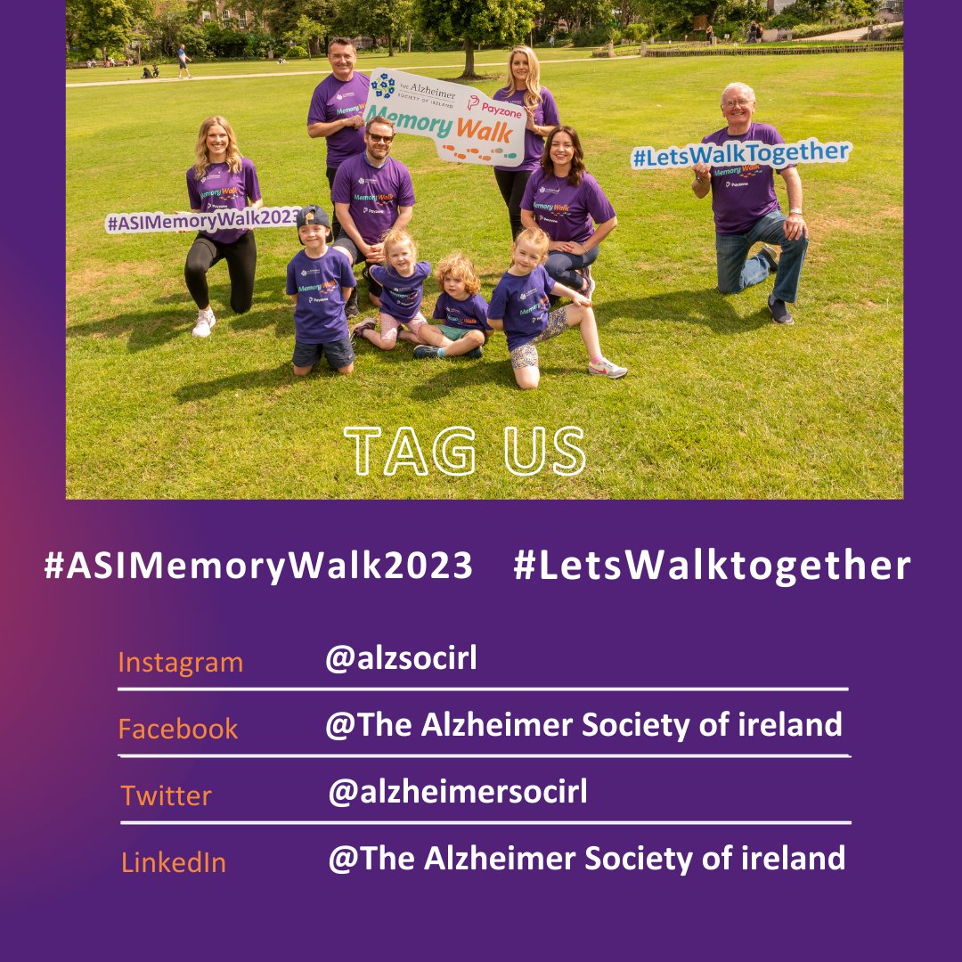 Today marks the Alzheimer's Memory Walk taking place nationwide.💜 Let's walk together to support the 64,000 people living with dementia in Ireland. 🤝 Be sure to use our hashtags #ASIMemoryWalk2023 #LetsWalkTogether and tag us in your pics on social media!